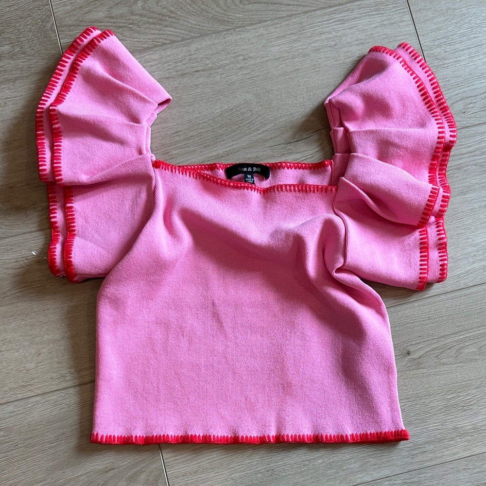 Strut and Bolt - Pink Flutter-Sleeve Cropped Top with Contrast Stitching